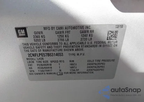 2011 Chevrolet Equinox 2Lt из США, поврежденный, VIN 2CNFLPE57B6314653